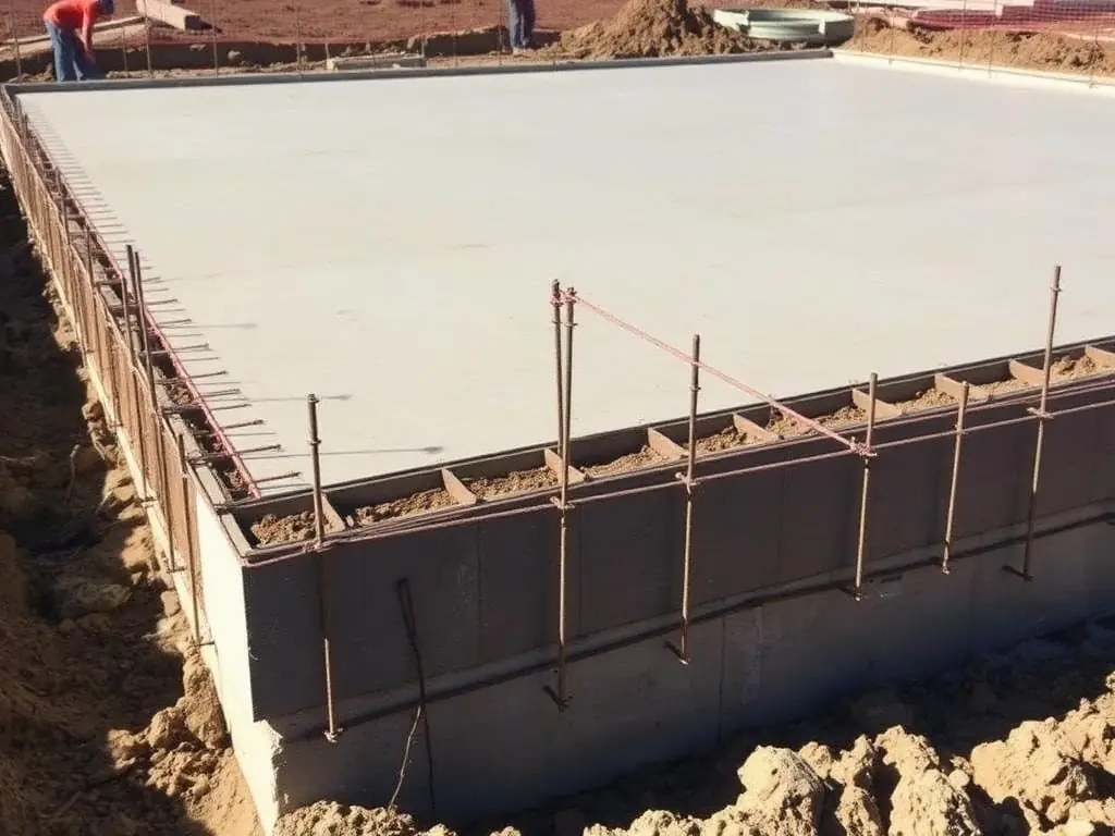 Dalle béton fraîchement coulée sur son soubassement en blocs, aciers en attente sur tout le pourtour