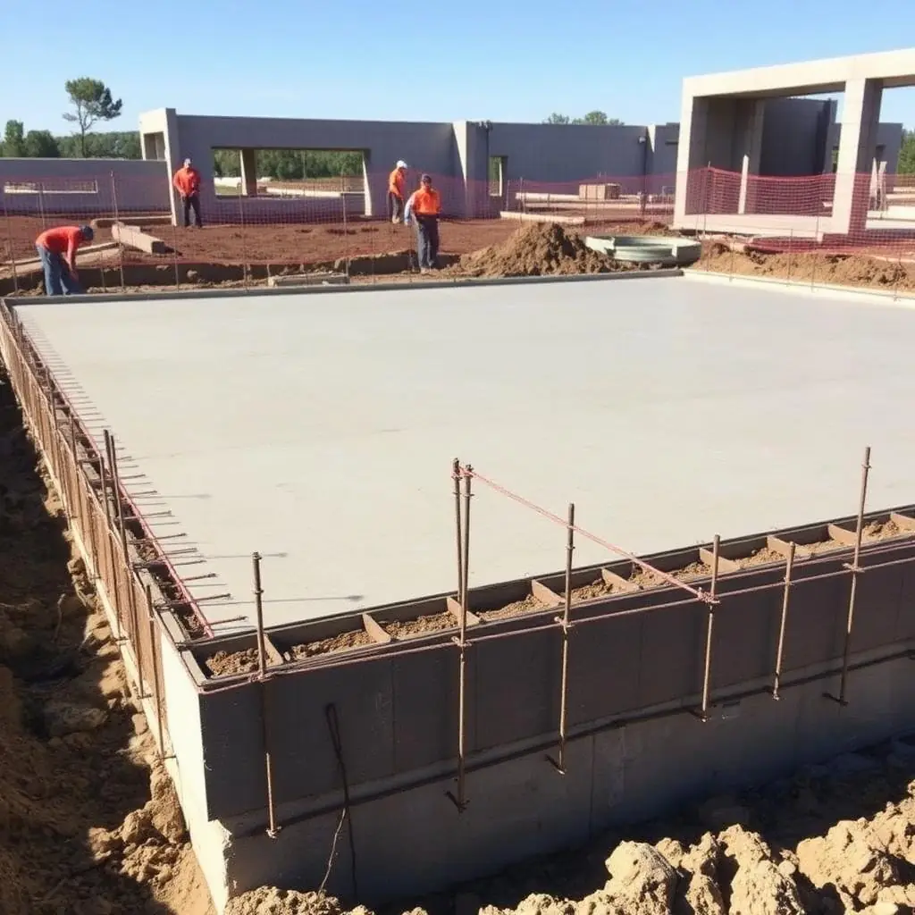 Dalle béton et fondations en cours de réalisation sur un chantier