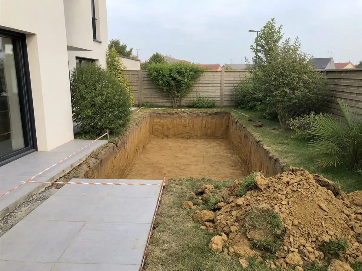 Fouille rectangulaire creusée dans un jardin au bord d'une terrasse, balisée à la rubalise, la terre extraite en tas