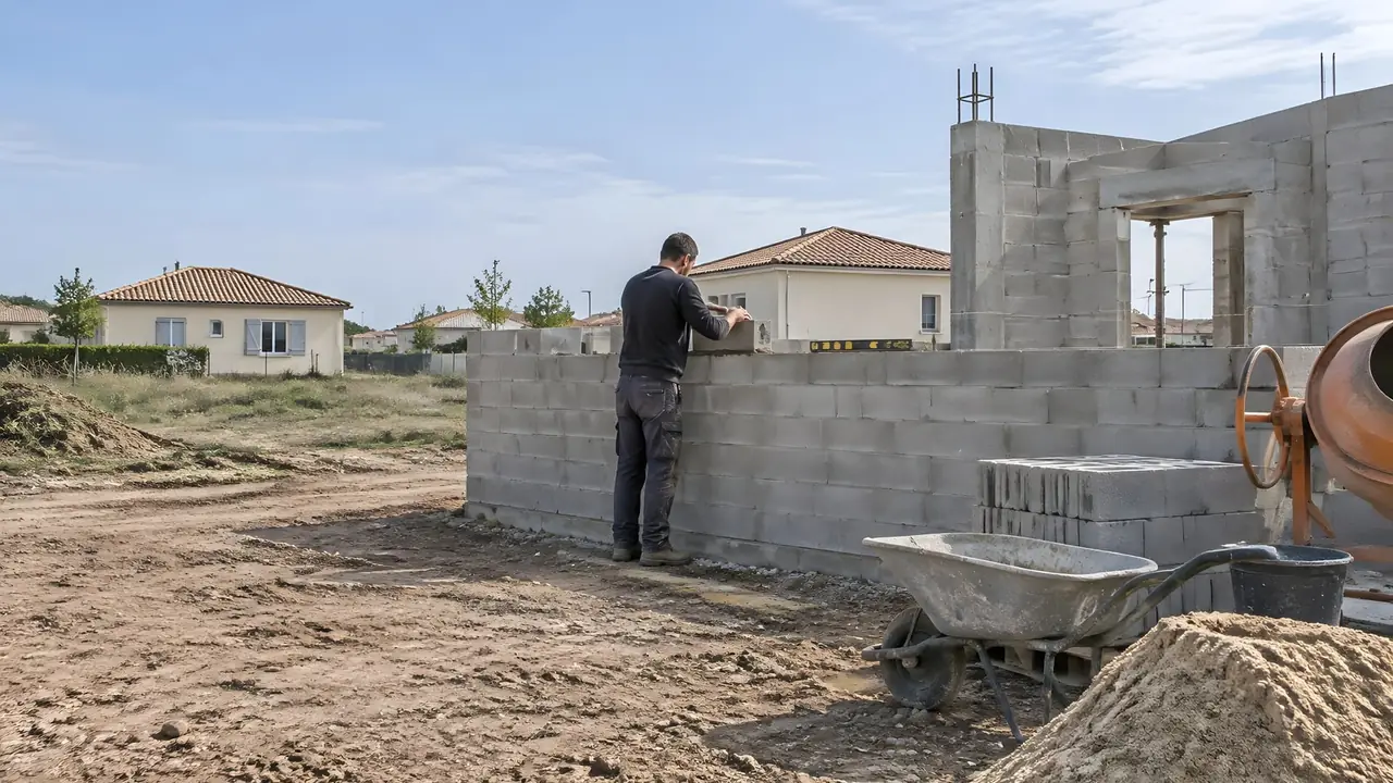 Maçon qui pose un bloc béton au sommet d'un mur en cours d'élévation, avec bétonnière, brouette et tas de sable au pied du mur