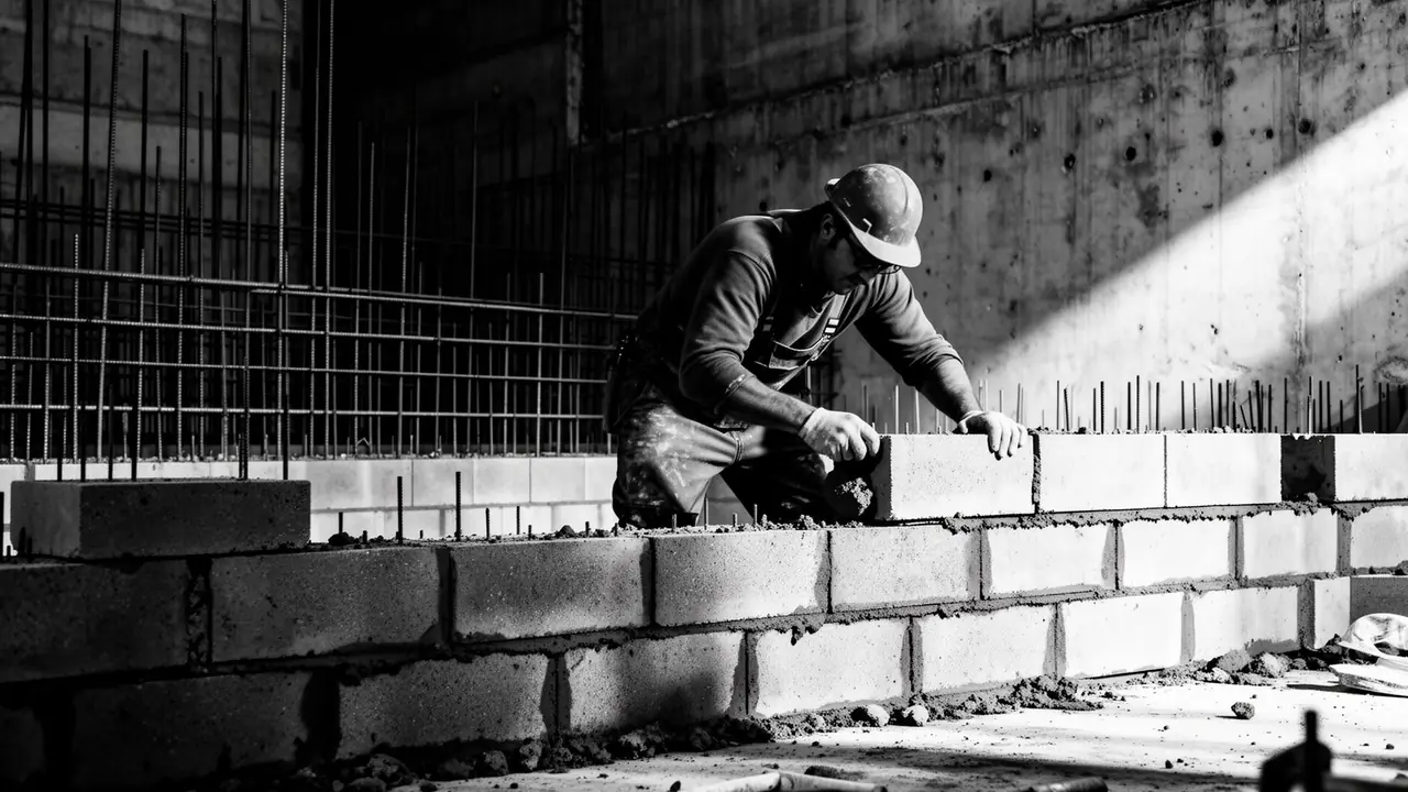 Maçon montant un mur en parpaings sur un chantier