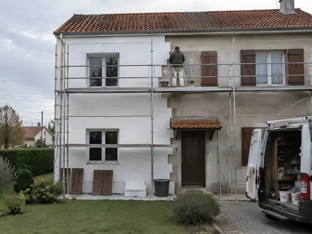Maison en cours d'isolation par l'extérieur : panneaux isolants blancs sur la moitié gauche, volets déposés au pied de l'échafaudage