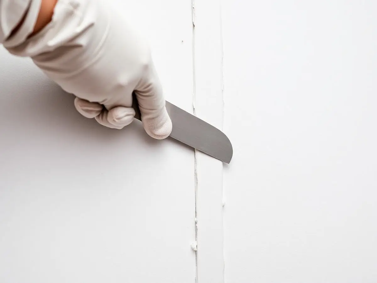 Main gantée qui lisse l'enduit au couteau sur le joint entre deux plaques de plâtre