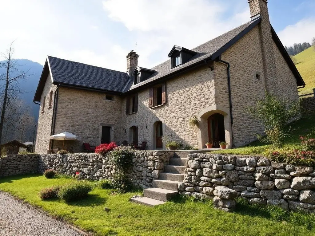 Façades en moellons d'une maison ancienne rénovée, avec des murets de pierre et des marches jusqu'à la porte d'entrée