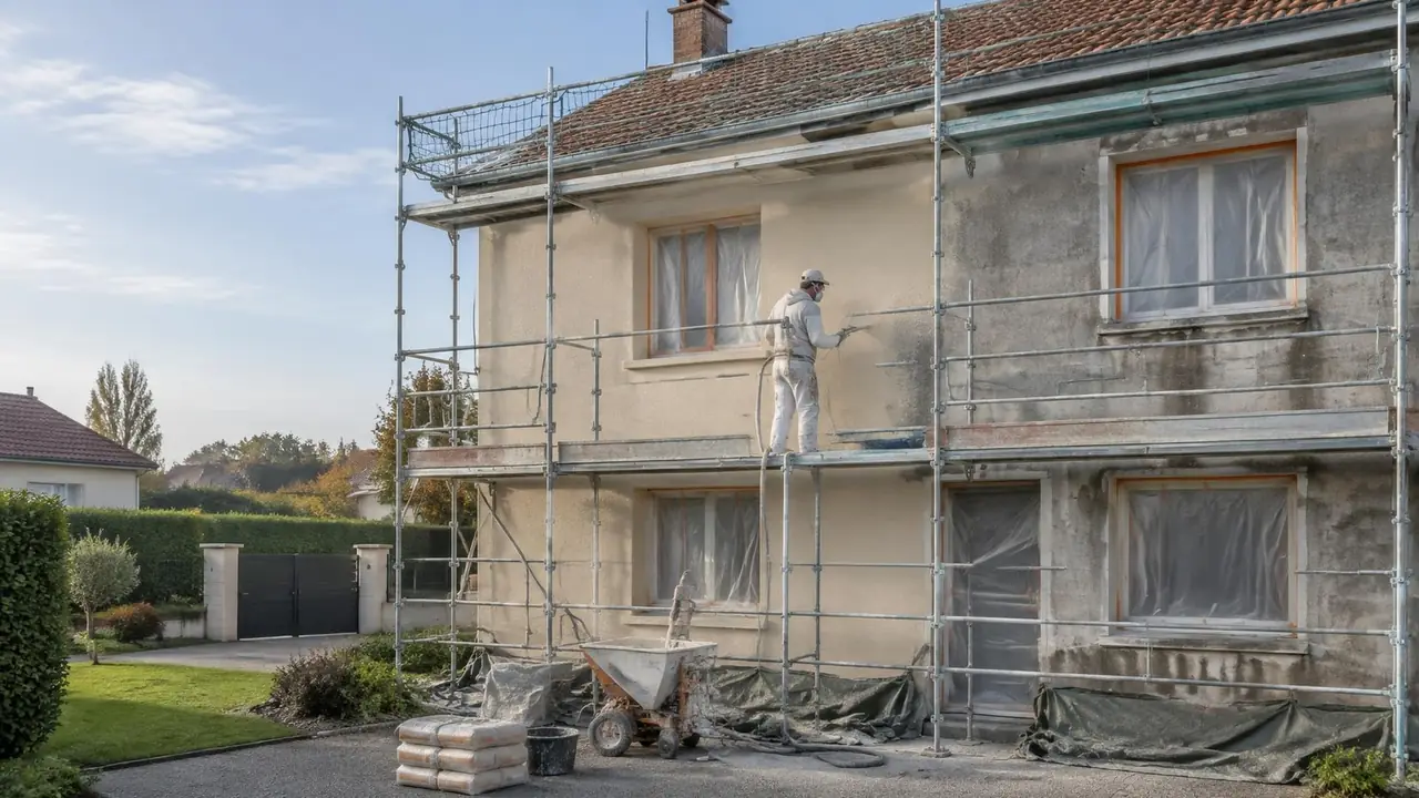 Ouvrier sur un échafaudage qui projette un enduit neuf sur une façade, fenêtres protégées sous film, la partie droite gardant l'ancien enduit grisé