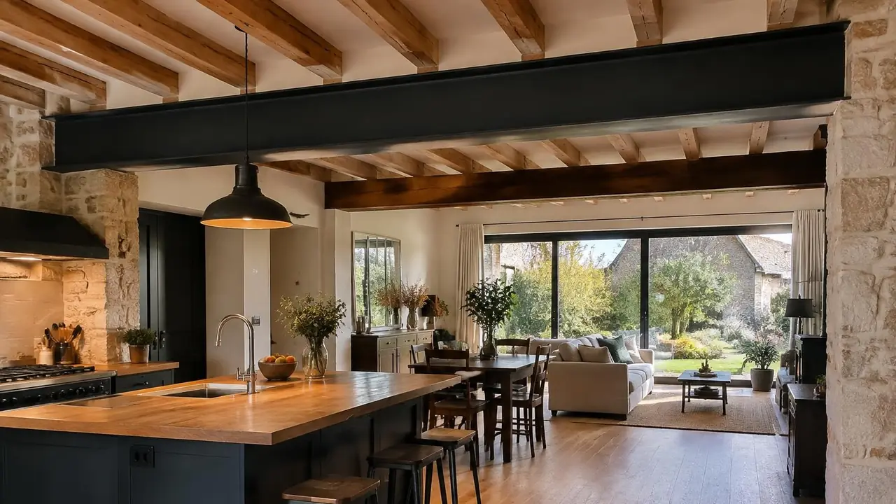 Pièce d'une maison en pierre ouverte sous une poutre en acier noire, murs de pierre et solives de chêne conservés